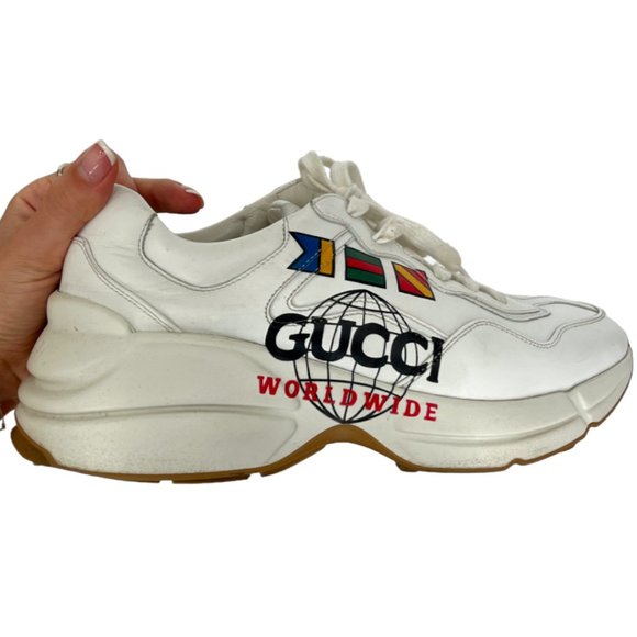 $890 Gucci Worldwide White Leather Rython Platform Sneakers Mens 8 W 9.5/10 - Picture 2 of 13